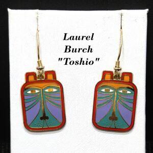 Laurel Burch "Toshio" Drop Earrings, Gold Plated, Enamel Cloisonné 1980s Vintage